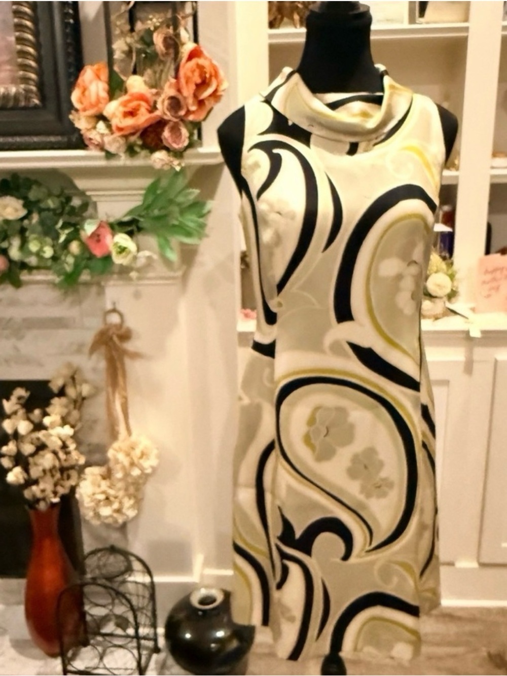 Banana Republic Sleeveless Cowl Neck Dress in Cream, Black and Gold